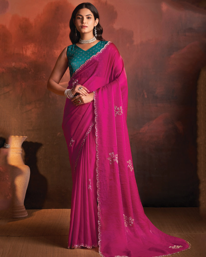 Vishal Prints Dark Hot Pink Designer Fancy Satin Saree With Diamond Work And Cut Work Border