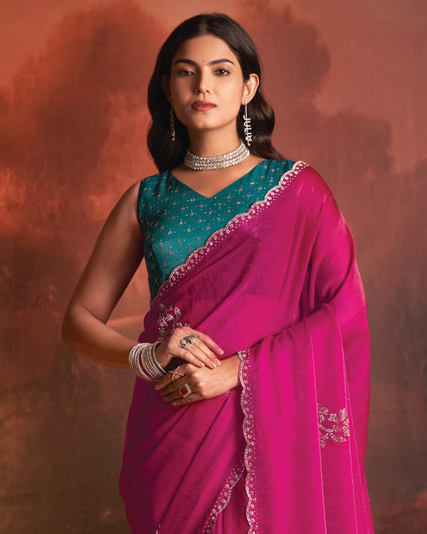 Vishal Prints Dark Hot Pink Designer Fancy Satin Saree With Diamond Work And Cut Work Border