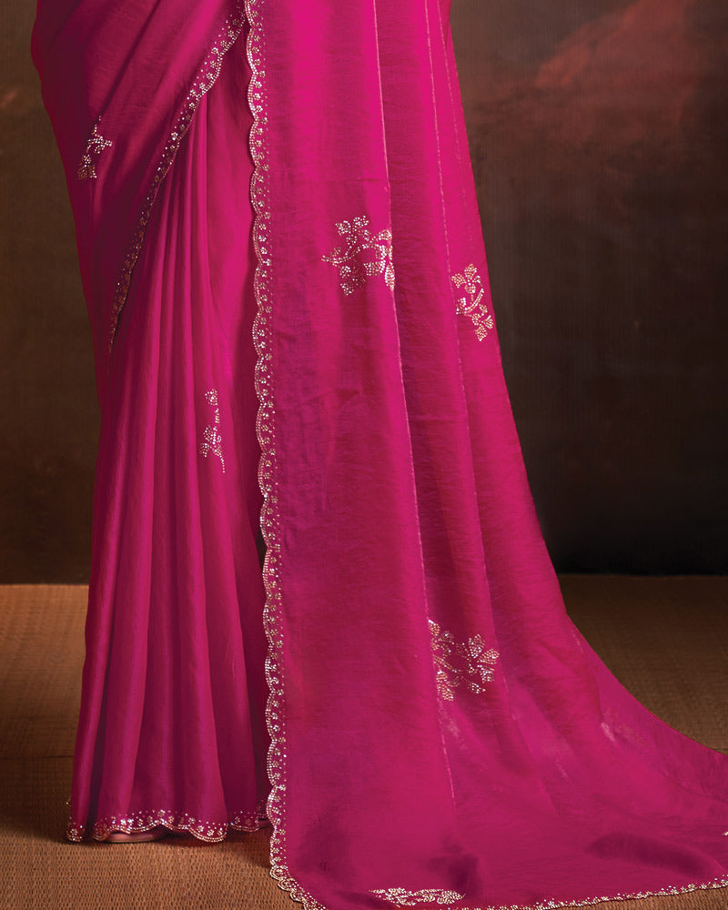 Vishal Prints Dark Hot Pink Designer Fancy Satin Saree With Diamond Work And Cut Work Border