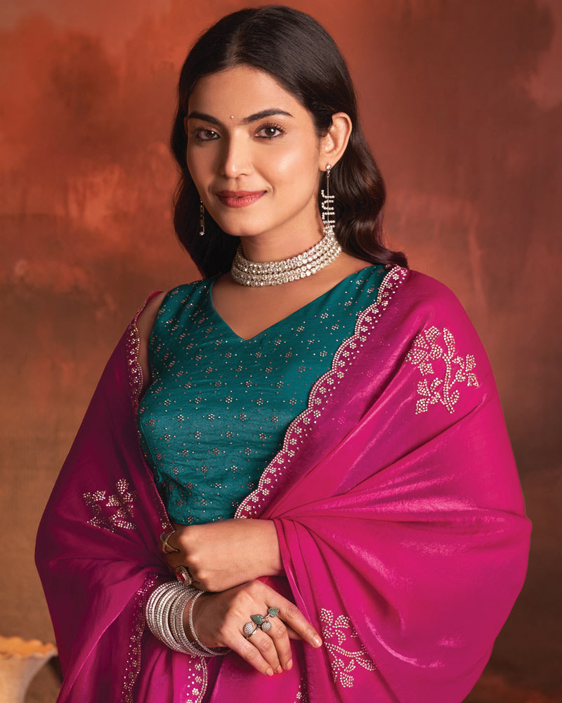 Vishal Prints Dark Hot Pink Designer Fancy Satin Saree With Diamond Work And Cut Work Border