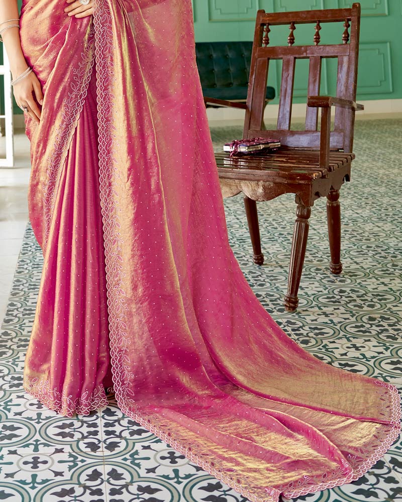Vishal Prints Rust Designer Satin Saree With Diamond Work And Cut Work Diamond Border