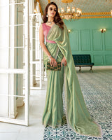 Vishal Prints Sage Green Designer Satin Saree With Diamond Work And Cut Work Diamond Border