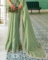 Vishal Prints Sage Green Designer Satin Saree With Diamond Work And Cut Work Diamond Border