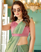 Vishal Prints Sage Green Designer Satin Saree With Diamond Work And Cut Work Diamond Border