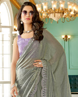 Vishal Prints Metallic Grey Designer Satin Saree With Diamond Work And Cut Work Diamond Border