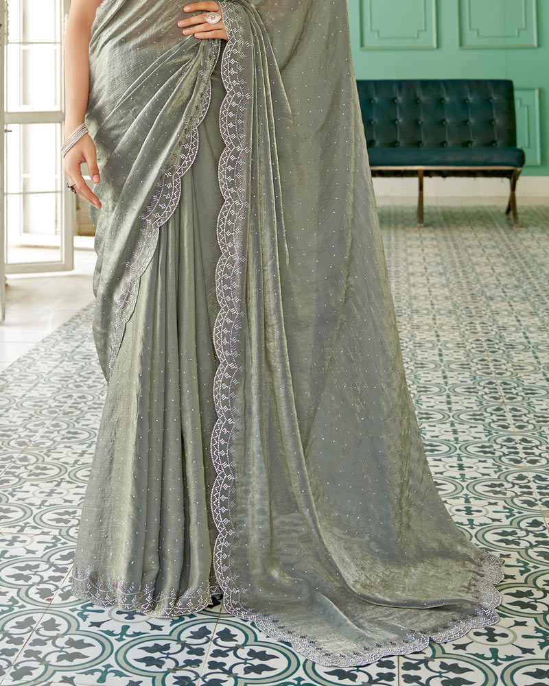 Vishal Prints Metallic Grey Designer Satin Saree With Diamond Work And Cut Work Diamond Border