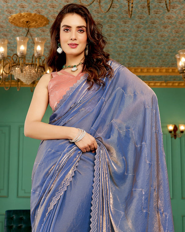 Vishal Prints Electric Blue Designer Satin Saree With Diamond Work And Cut Work Daimond Border