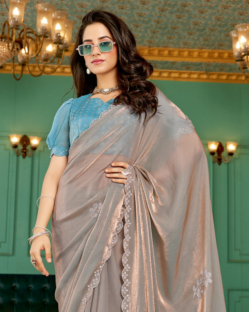Vishal Prints Star Dust Brown Designer Satin Saree With Diamond Work And Cut Work Diamond Border