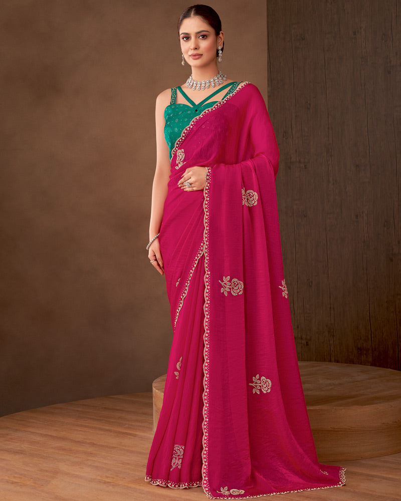 Vishal Prints Purplish Red Designer Satin Saree With Diamond Work And Cut Work Diamond Border