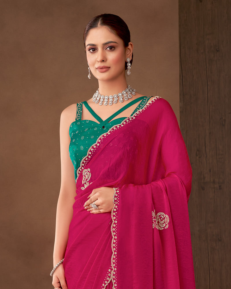 Vishal Prints Purplish Red Designer Satin Saree With Diamond Work And Cut Work Diamond Border