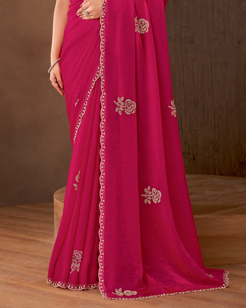 Vishal Prints Purplish Red Designer Satin Saree With Diamond Work And Cut Work Diamond Border