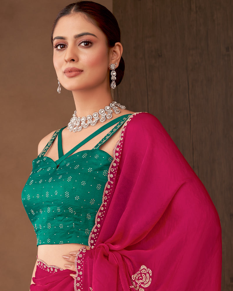 Vishal Prints Purplish Red Designer Satin Saree With Diamond Work And Cut Work Diamond Border
