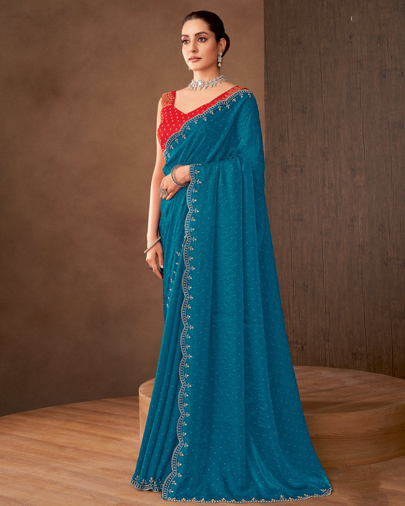 Vishal Prints Peacock Blue Designer Satin Saree With Diamond Work And Cut Work Diamond Border