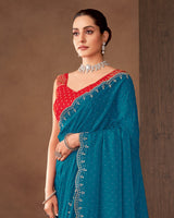 Vishal Prints Peacock Blue Designer Satin Saree With Diamond Work And Cut Work Diamond Border