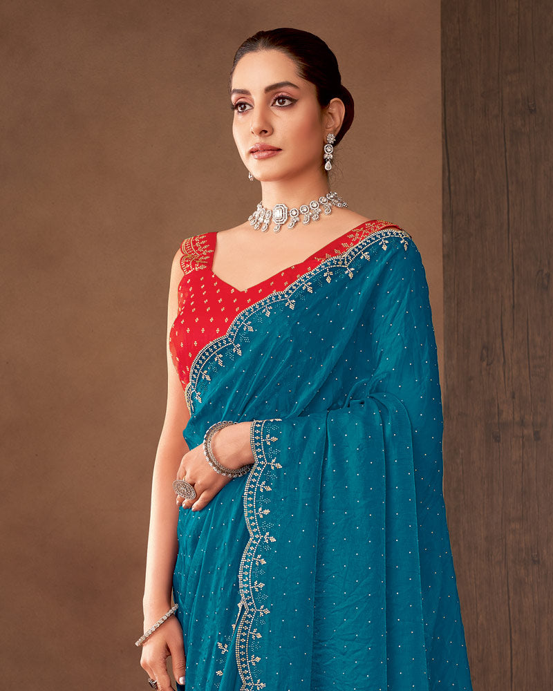 Vishal Prints Peacock Blue Designer Satin Saree With Diamond Work And Cut Work Diamond Border