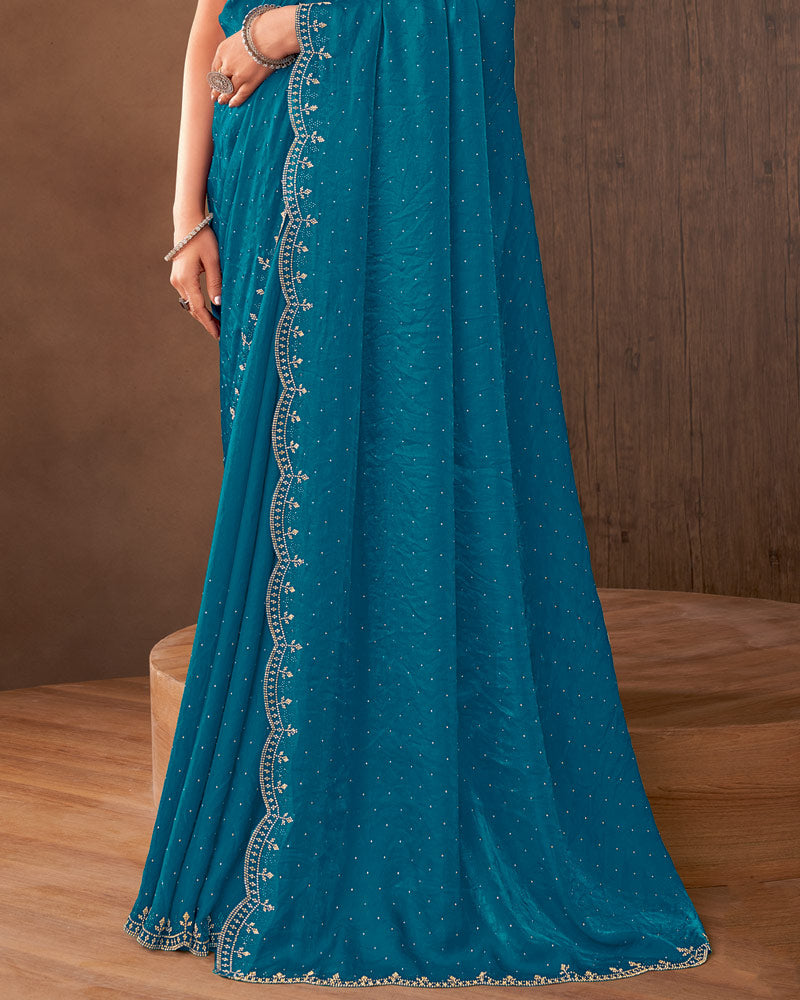 Vishal Prints Peacock Blue Designer Satin Saree With Diamond Work And Cut Work Diamond Border