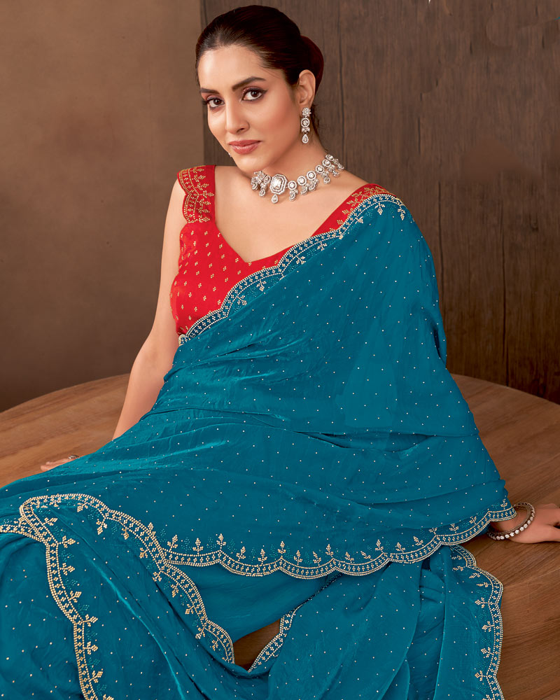 Vishal Prints Peacock Blue Designer Satin Saree With Diamond Work And Cut Work Diamond Border