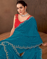 Vishal Prints Peacock Blue Designer Satin Saree With Diamond Work And Cut Work Diamond Border