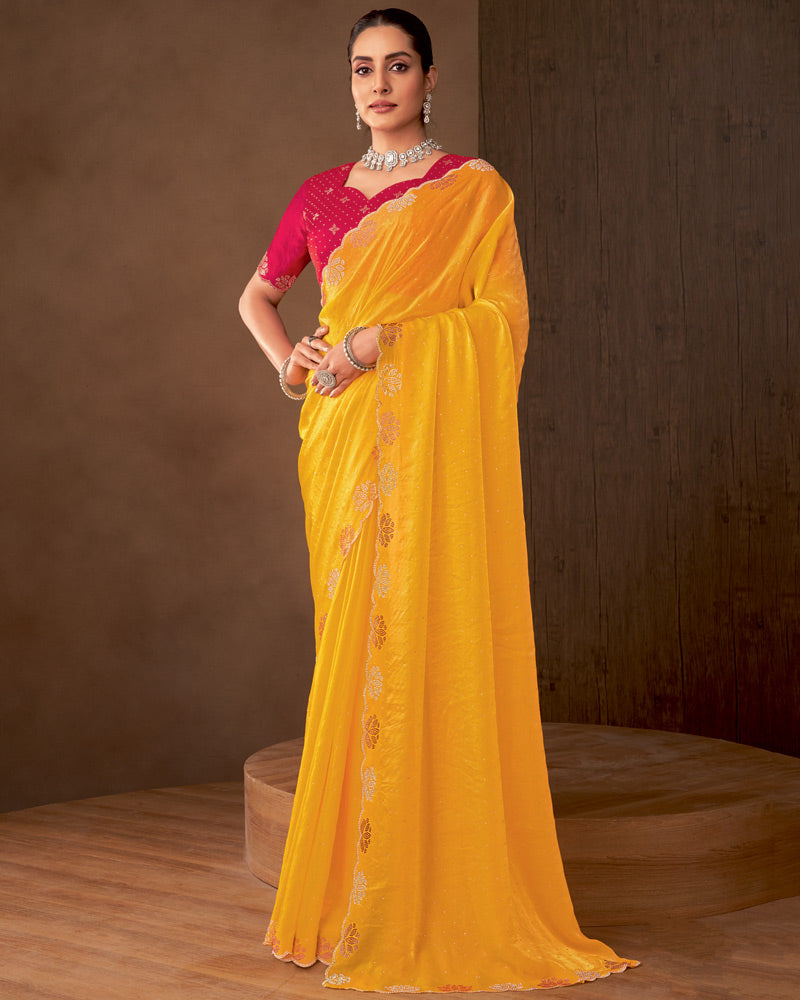 Vishal Prints Dark Orange Designer Satin Saree With Diamond Work And Cut Work Diamond Border