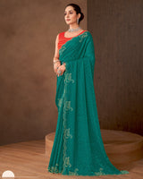 Vishal Prints Tropical Green Designer Satin Saree With Diamond Work And Cut Work Diamond Border