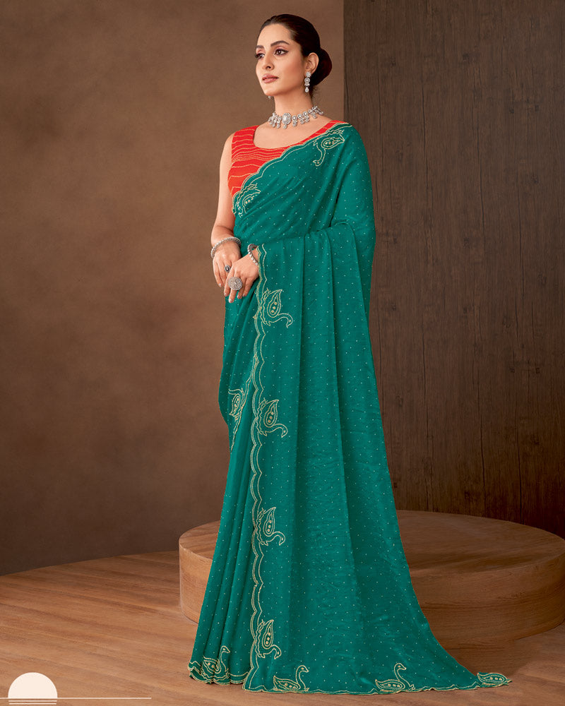 Vishal Prints Tropical Green Designer Satin Saree With Diamond Work And Cut Work Diamond Border