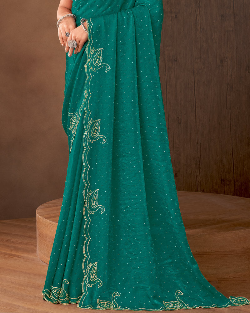 Vishal Prints Tropical Green Designer Satin Saree With Diamond Work And Cut Work Diamond Border