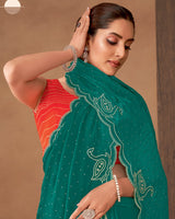 Vishal Prints Tropical Green Designer Satin Saree With Diamond Work And Cut Work Diamond Border