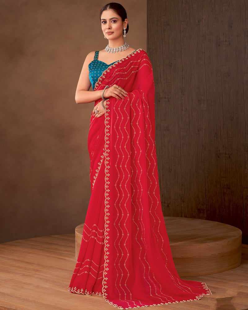 Vishal Prints Scarlet Red Designer Satin Saree With Diamond Work And Cut Work Diamond Border