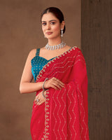Vishal Prints Scarlet Red Designer Satin Saree With Diamond Work And Cut Work Diamond Border