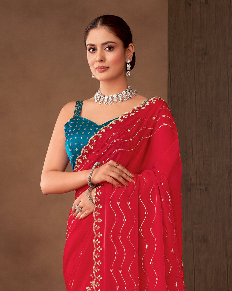 Vishal Prints Scarlet Red Designer Satin Saree With Diamond Work And Cut Work Diamond Border