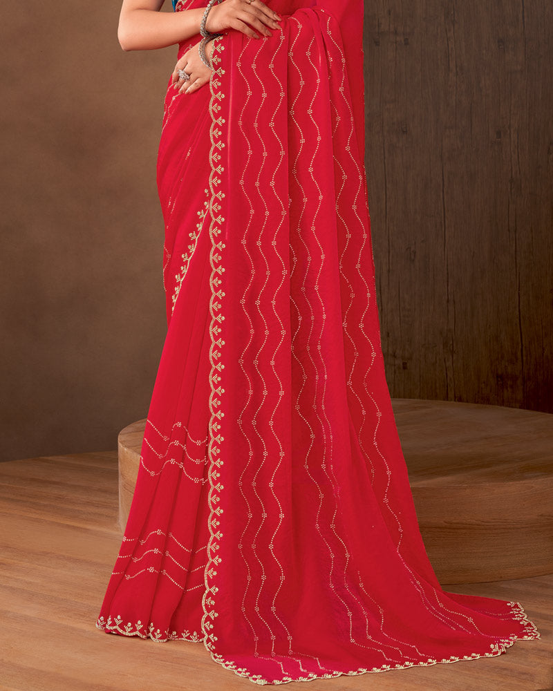 Vishal Prints Scarlet Red Designer Satin Saree With Diamond Work And Cut Work Diamond Border