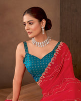 Vishal Prints Scarlet Red Designer Satin Saree With Diamond Work And Cut Work Diamond Border