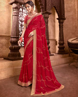 Vishal Prints Red Wine Chiffon Saree With Foil Print And Zari Border