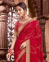 Vishal Prints Red Wine Chiffon Saree With Foil Print And Zari Border