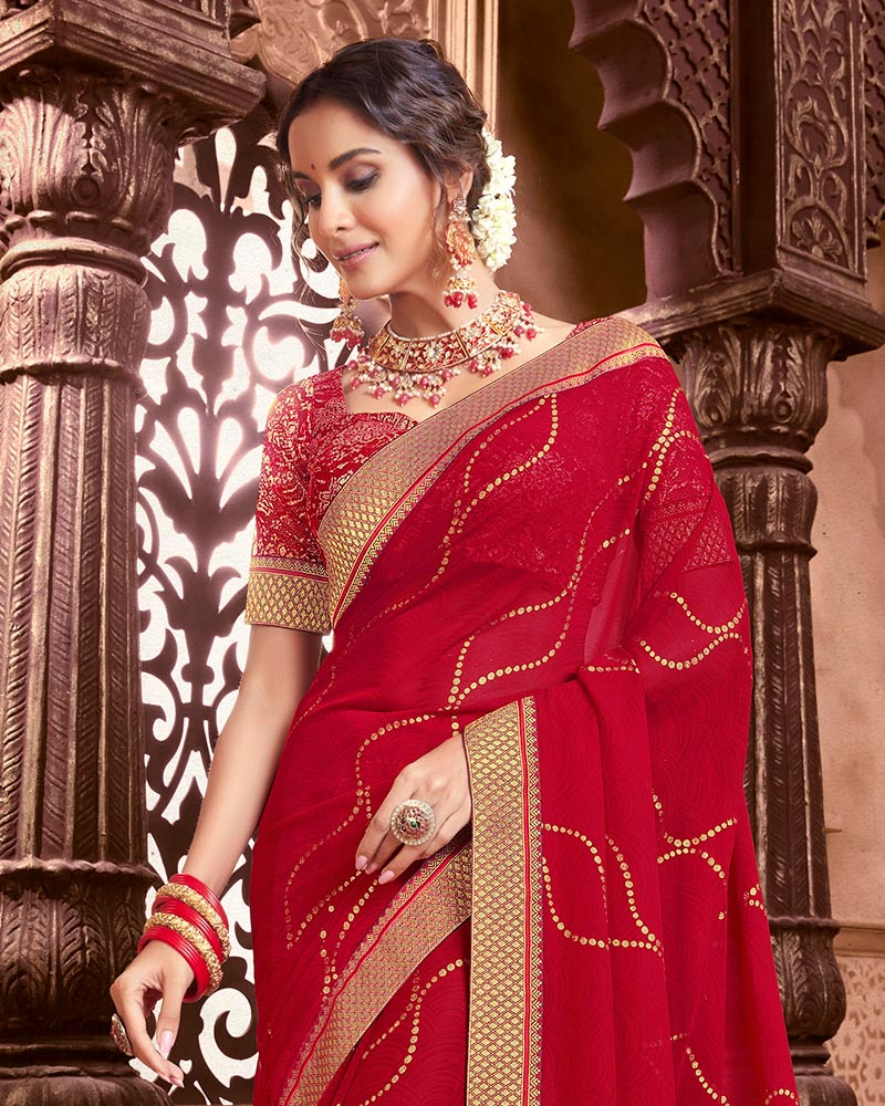Vishal Prints Red Wine Chiffon Saree With Foil Print And Zari Border