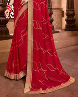 Vishal Prints Red Wine Chiffon Saree With Foil Print And Zari Border