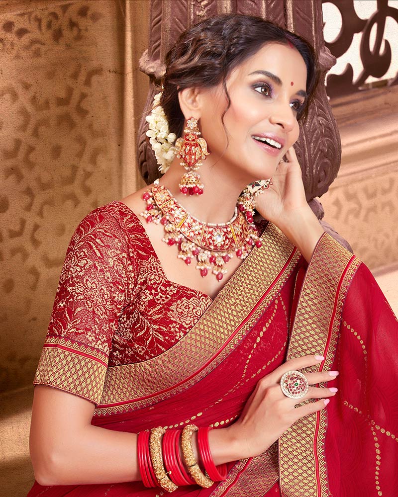 Vishal Prints Red Wine Chiffon Saree With Foil Print And Zari Border