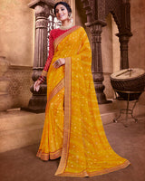 Vishal Prints Dark Gold Chiffon Saree With Foil Print And Zari Border