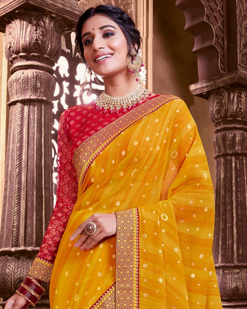 Vishal Prints Dark Gold Chiffon Saree With Foil Print And Zari Border