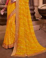 Vishal Prints Dark Gold Chiffon Saree With Foil Print And Zari Border