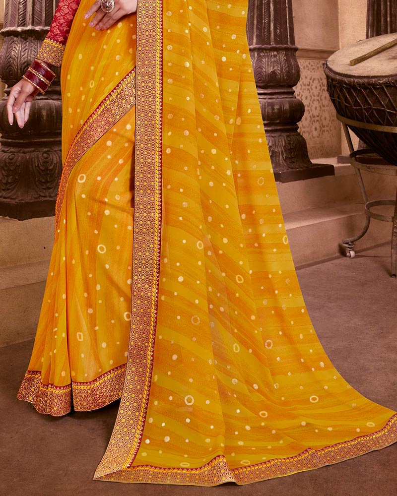 Vishal Prints Dark Gold Chiffon Saree With Foil Print And Zari Border