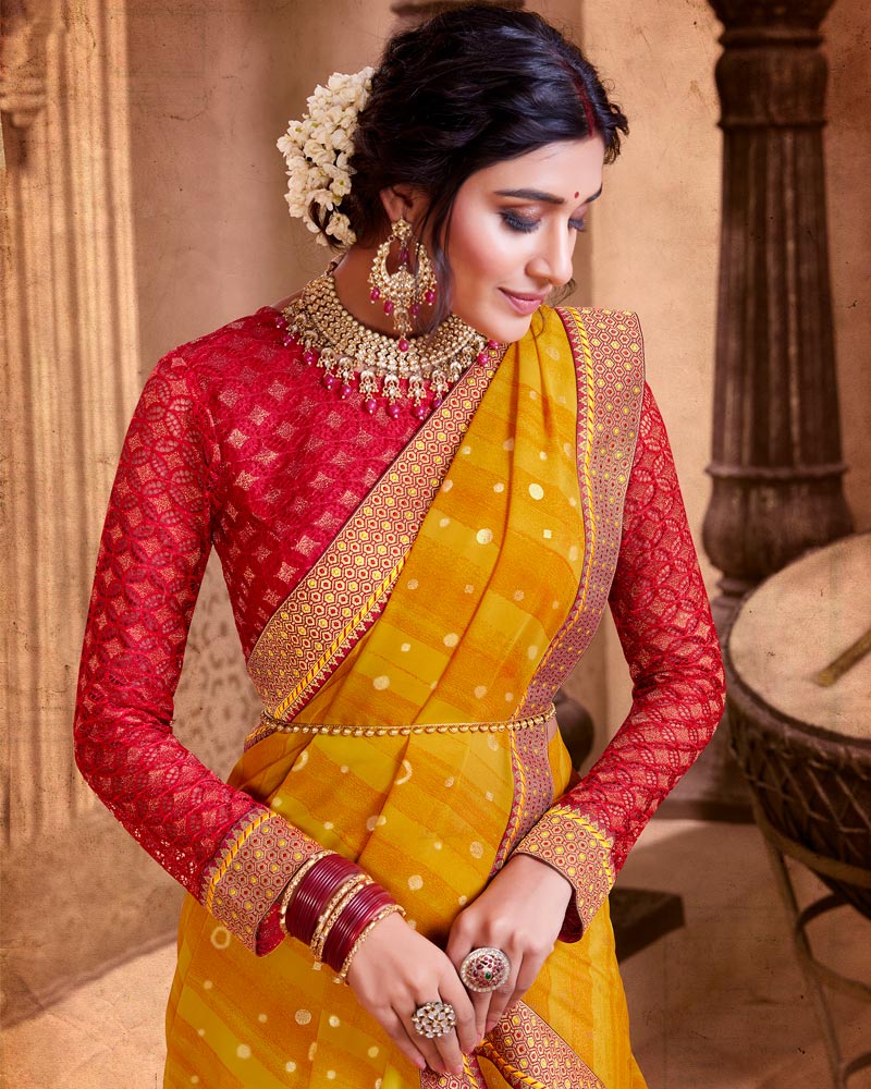 Vishal Prints Dark Gold Chiffon Saree With Foil Print And Zari Border