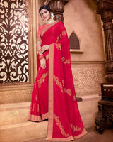 Vishal Prints Red Chiffon Saree With Foil Print And Zari Border