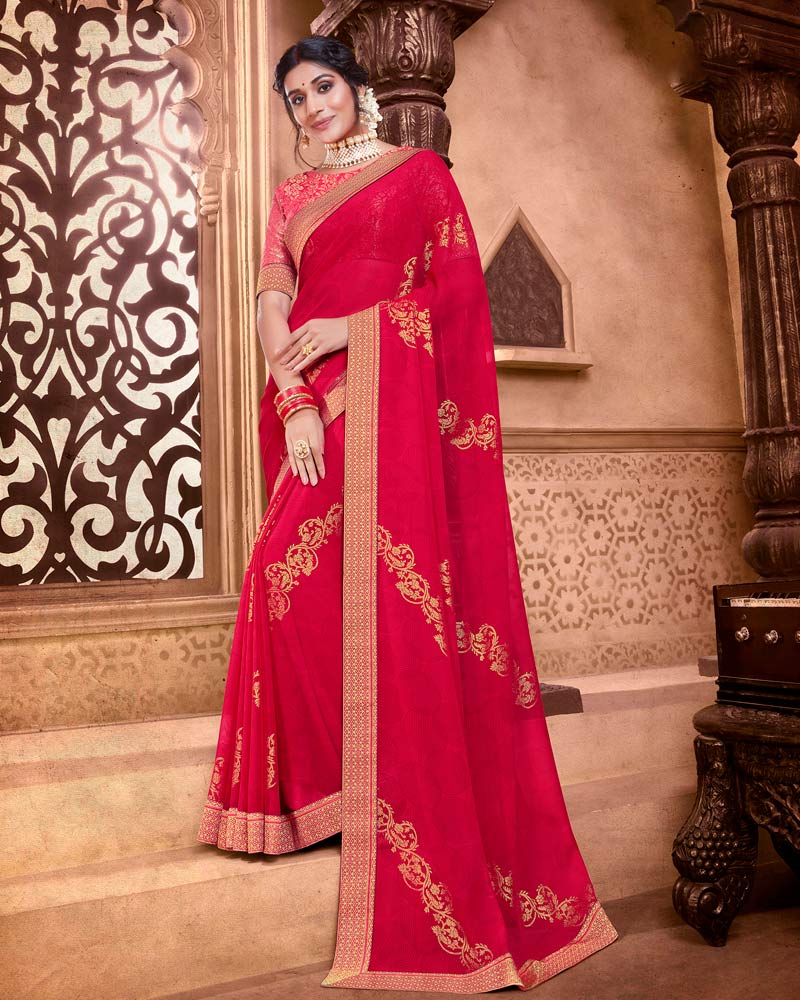 Vishal Prints Red Chiffon Saree With Foil Print And Zari Border