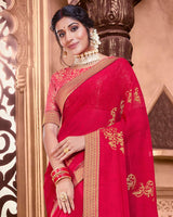 Vishal Prints Red Chiffon Saree With Foil Print And Zari Border