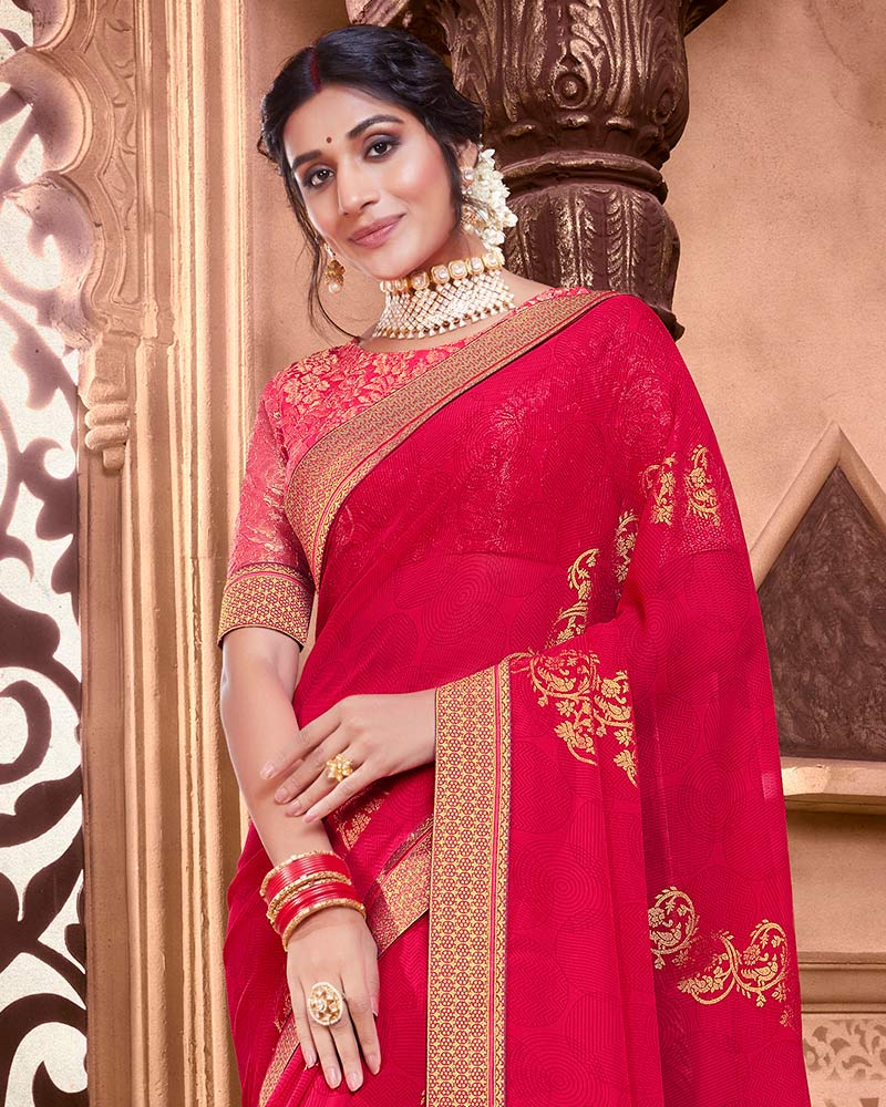 Vishal Prints Red Chiffon Saree With Foil Print And Zari Border