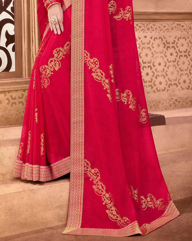 Vishal Prints Red Chiffon Saree With Foil Print And Zari Border