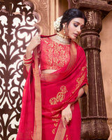 Vishal Prints Red Chiffon Saree With Foil Print And Zari Border