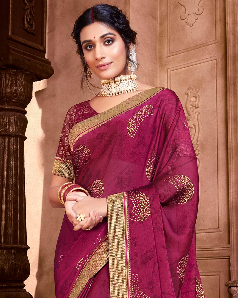 Vishal Prints Maroon Chiffon Saree With Foil Print And Zari Border