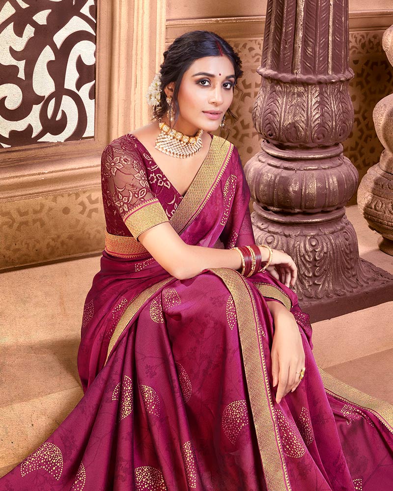 Vishal Prints Maroon Chiffon Saree With Foil Print And Zari Border